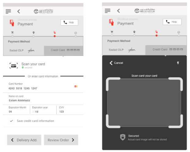 Wireframe of payment details and card scan pages 