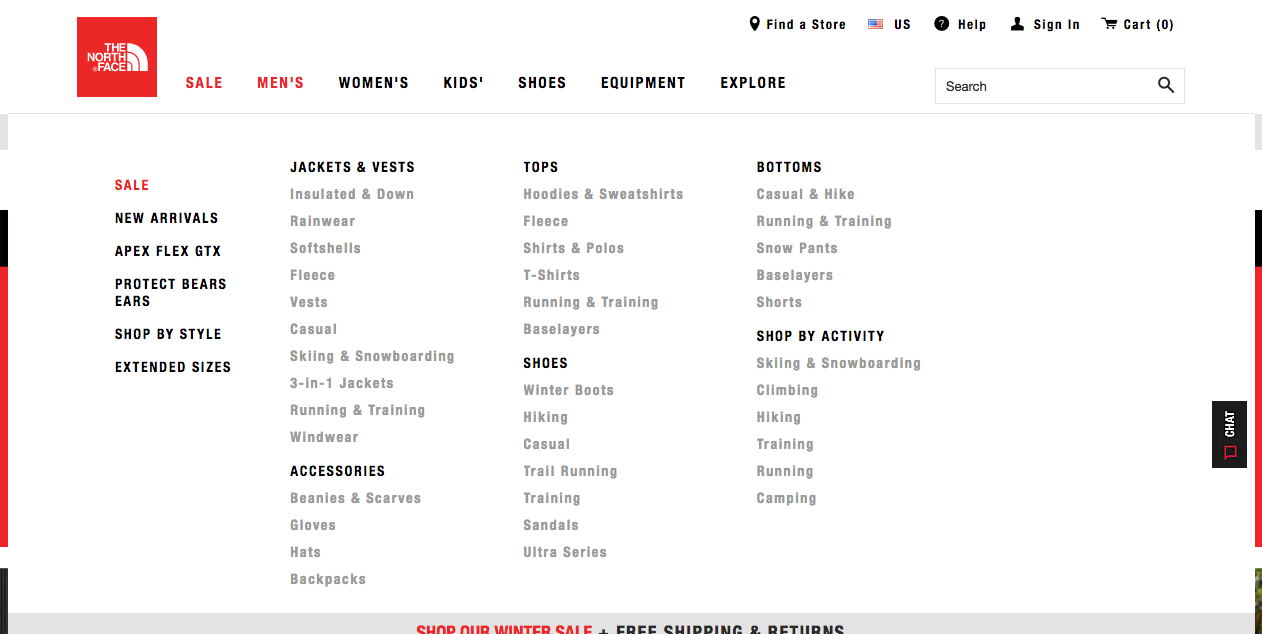 North Face Menu Dropdown