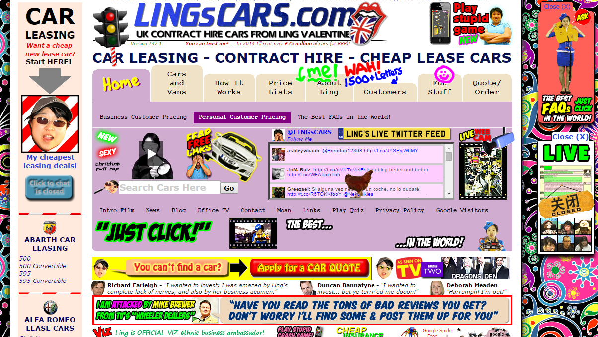 This website is cluttered with distractions irrelevant to the purpose of the website, making it probably the most unusable website out there. (Source: www.lingscars.com)